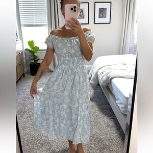 Light Blue Floral Off-Shoulder Midi Dress